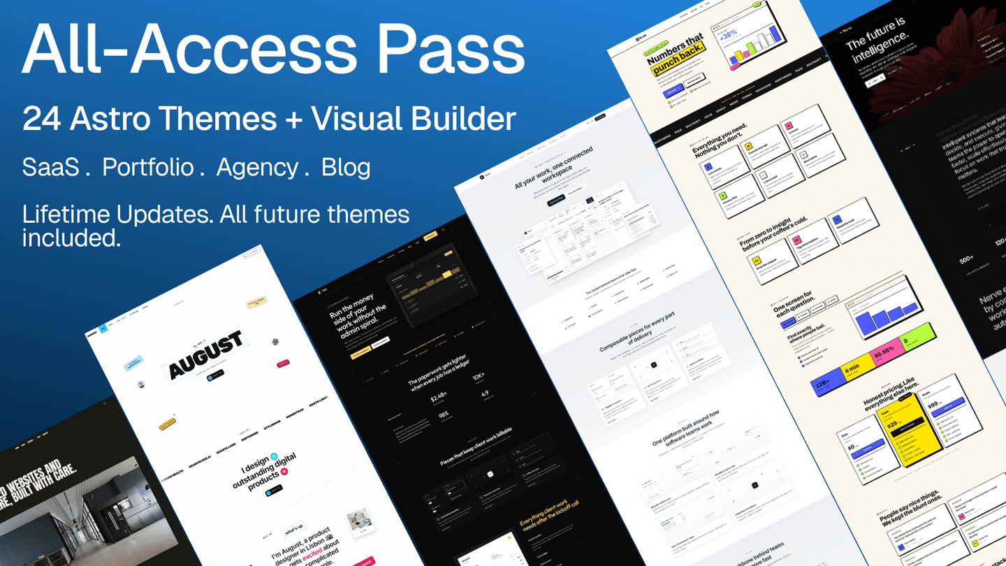 The AeroLaunch All-Access Pass - 24 Astro themes and the visual builder, shown as a fan of theme home pages