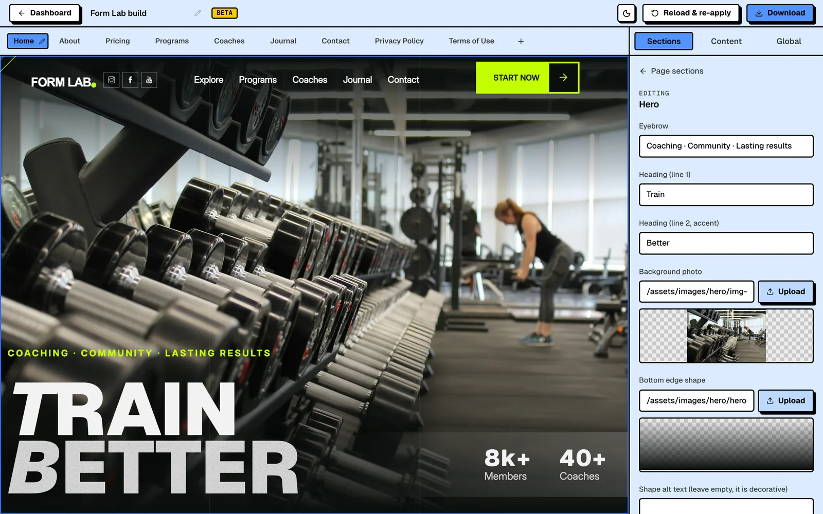 The AeroLaunch visual builder with the Form Lab theme open: the page on the left and the Hero section's fields on the right