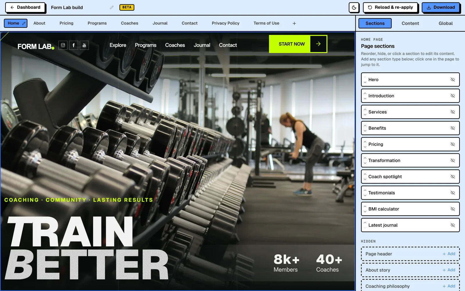 The Sections panel in the builder: the home page's sections with up and down arrows and a hide toggle, and hidden sections below with an Add button