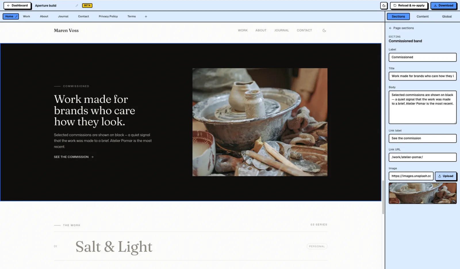 Aperture - Editing live in the AeroLaunch visual builder