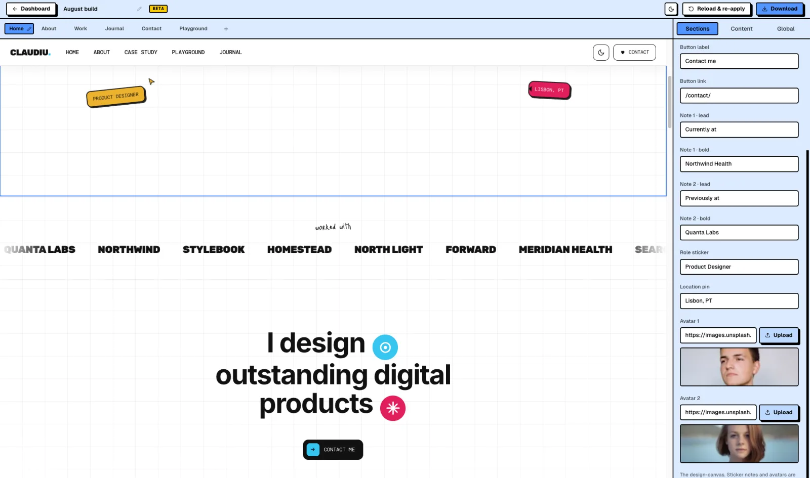 The AeroLaunch visual builder editing the August theme