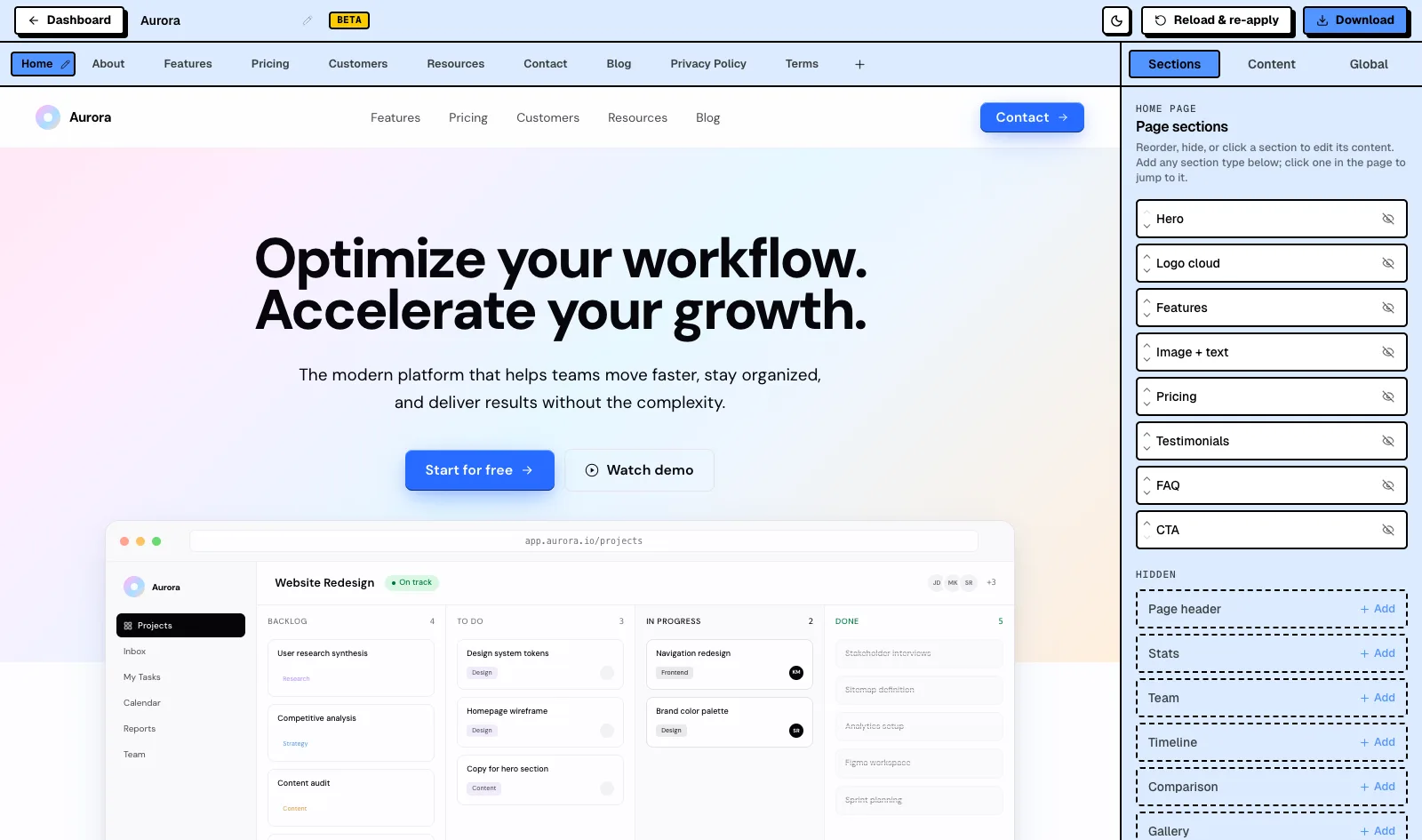 Aurora - Editing live in the AeroLaunch visual builder