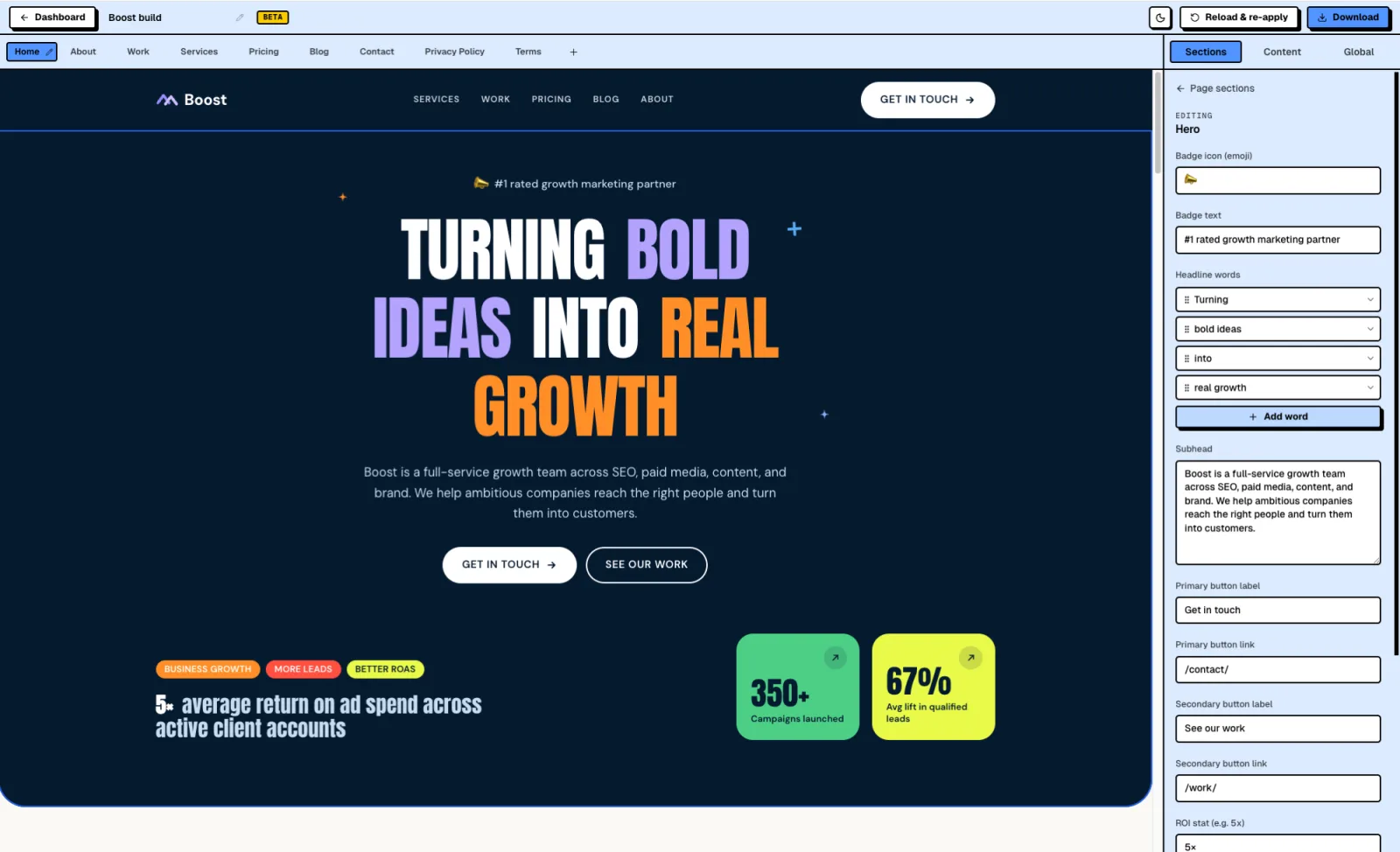 Boost - Editing live in the AeroLaunch visual builder