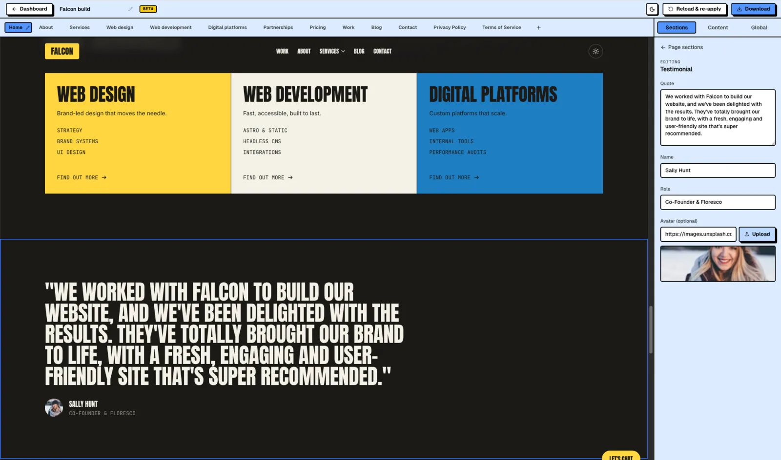 Falcon - Editing live in the AeroLaunch visual builder