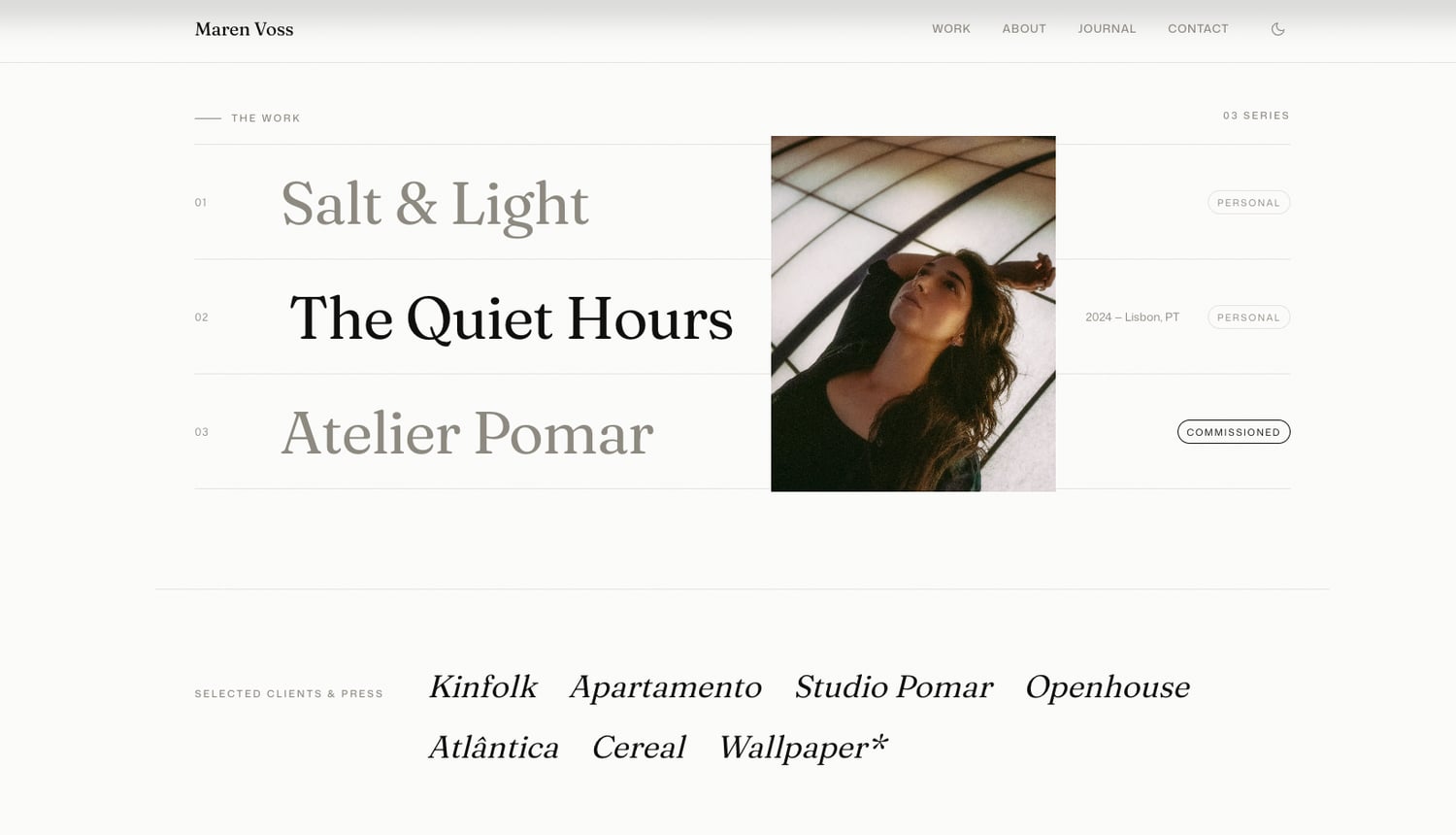 Aperture - Work index - hover a title and its photo follows the cursor