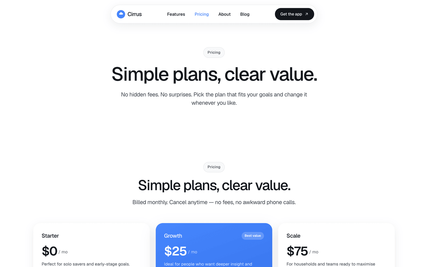 Cirrus - Pricing - 3 tiers, featured middle plan