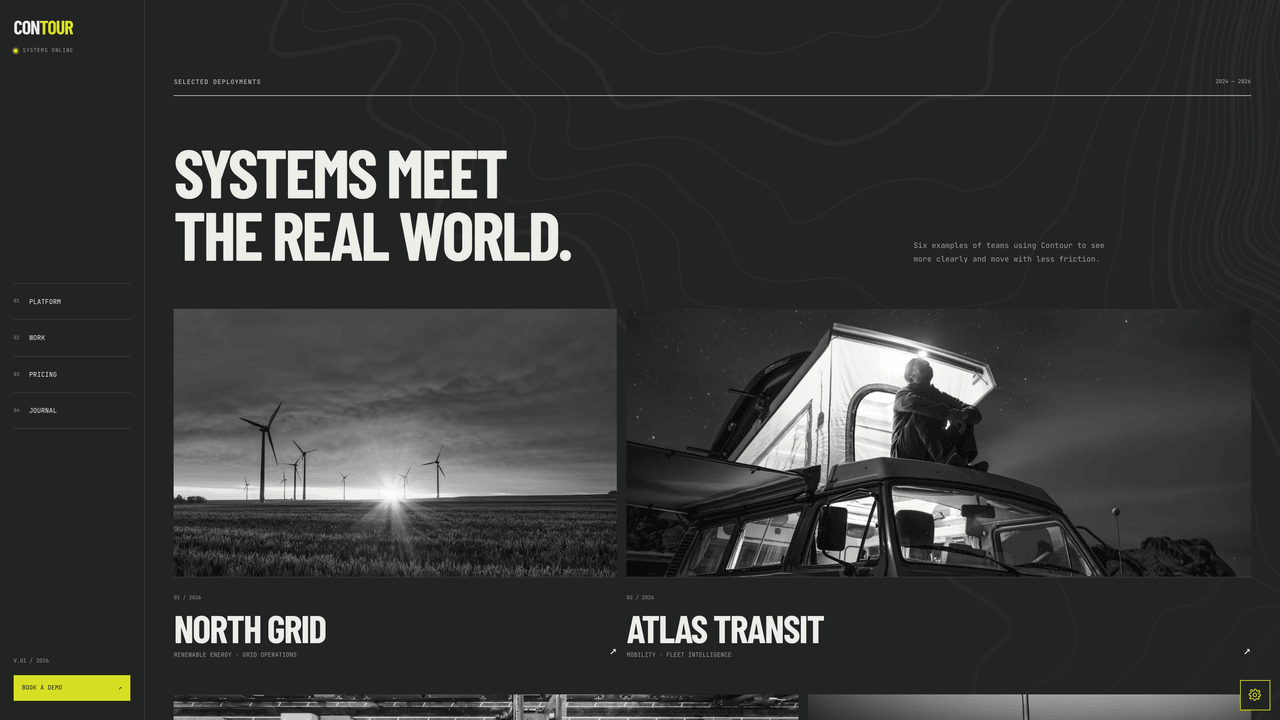 Contour - Alternating narrow-wide deployment portfolio linking to six complete generated case-study pages