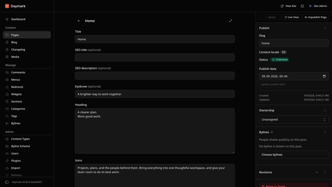 Daymark - EmDash CMS admin - edit page copy, images, pricing and team profiles, with click-to-edit on the live site