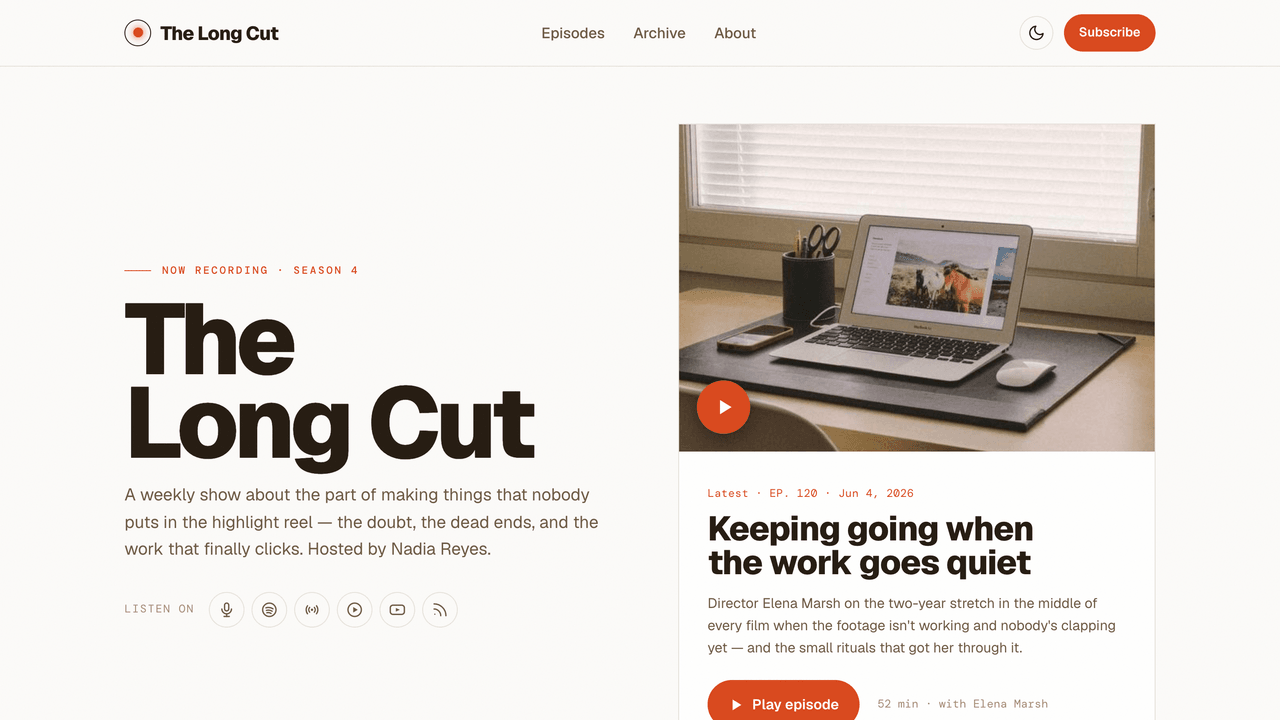 Dispatch - Homepage hero - featured episode, big type & listen-on icons