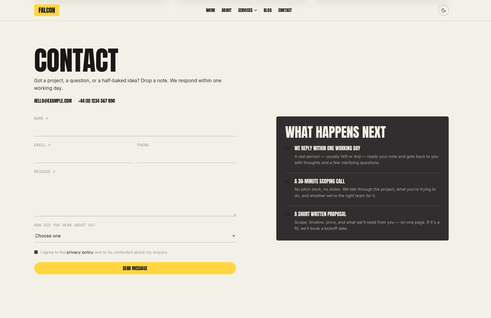 Falcon - Contact page - light theme variant