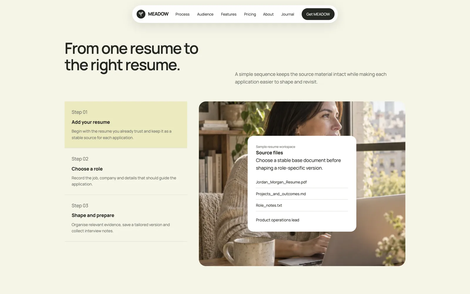Meadow - Process steps with a resume workspace