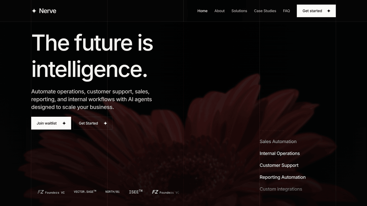 Nerve - Homepage hero - editorial grid, monochrome image, and automated signal carousels