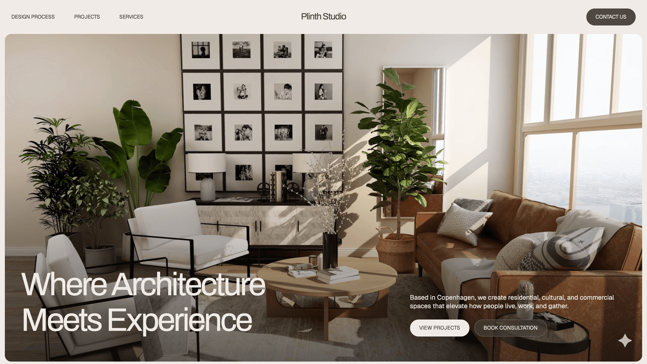 Plinth - Homepage hero - three-frame architecture composition with a cinematic scroll transformation