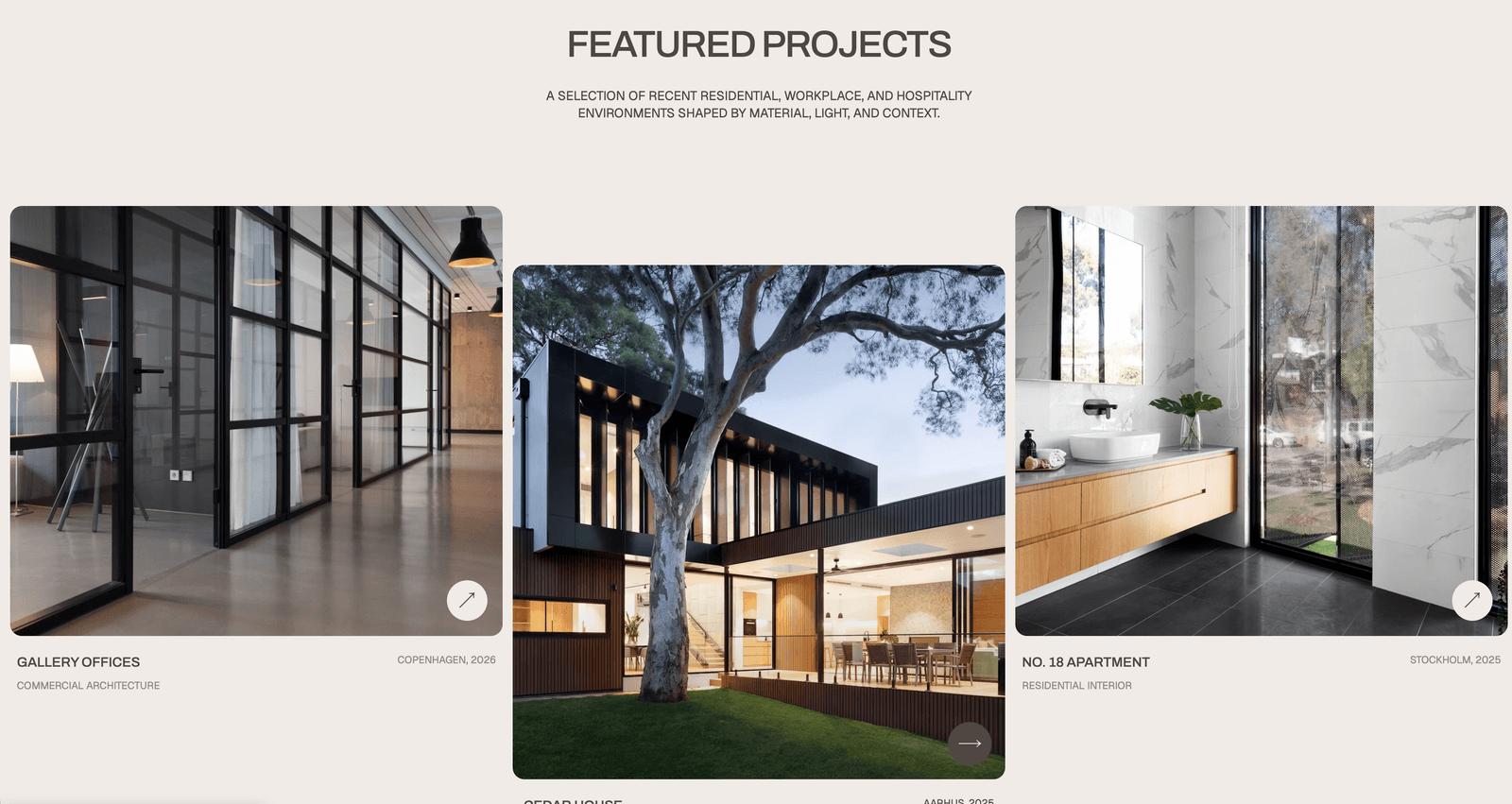 Plinth - Featured project composition with residential, workplace, and hospitality work