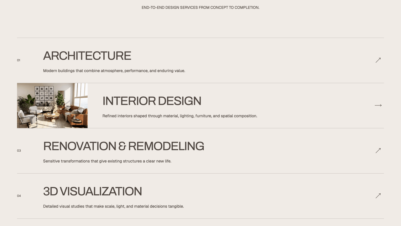 Plinth - Service directory with directional rows and image reveals on hover