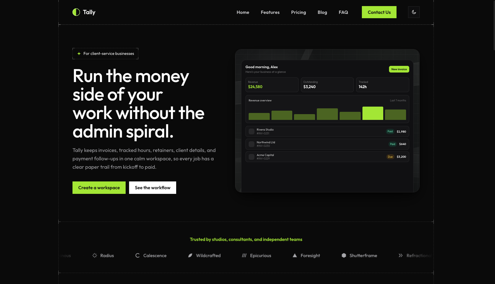 Tally - Green accent preview on the homepage
