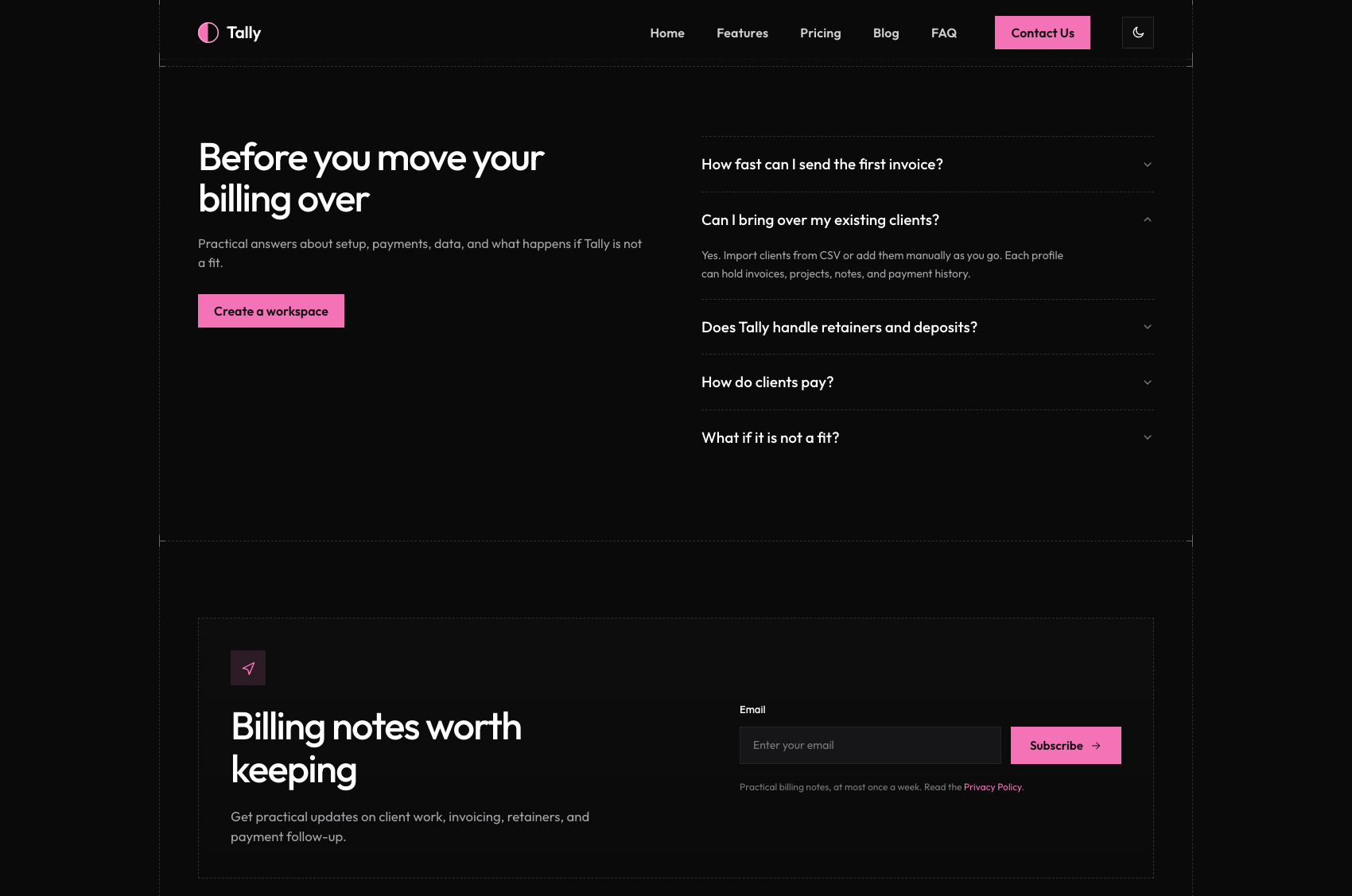 Tally - FAQ and newsletter with pink accent