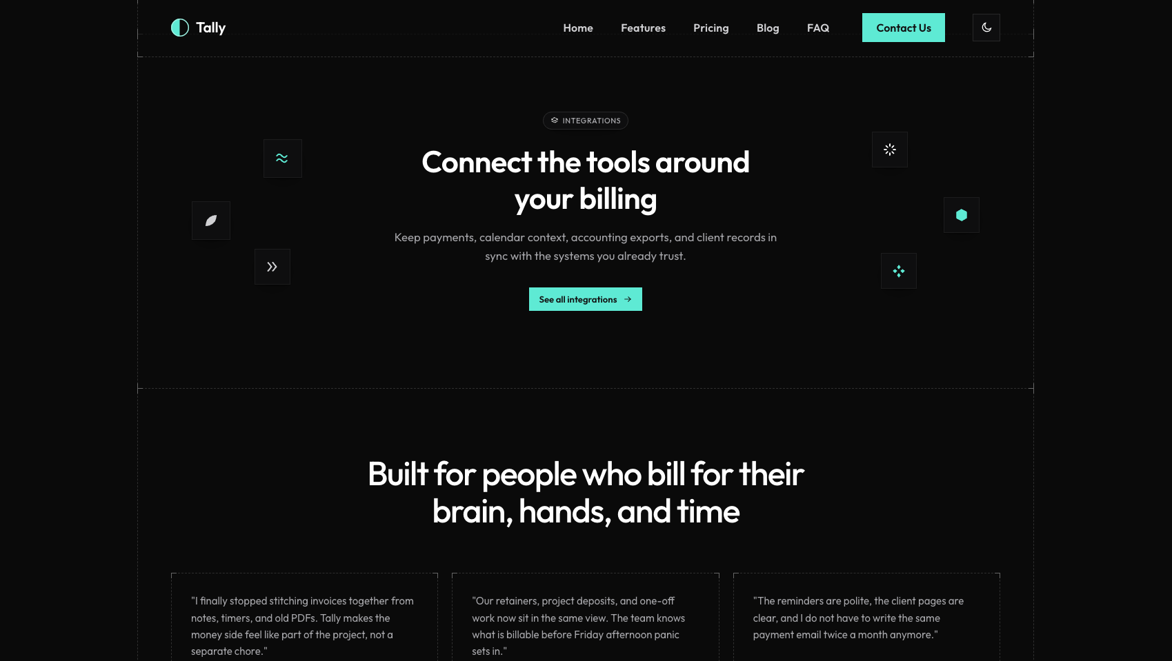Tally - Integrations and testimonials with mint accent