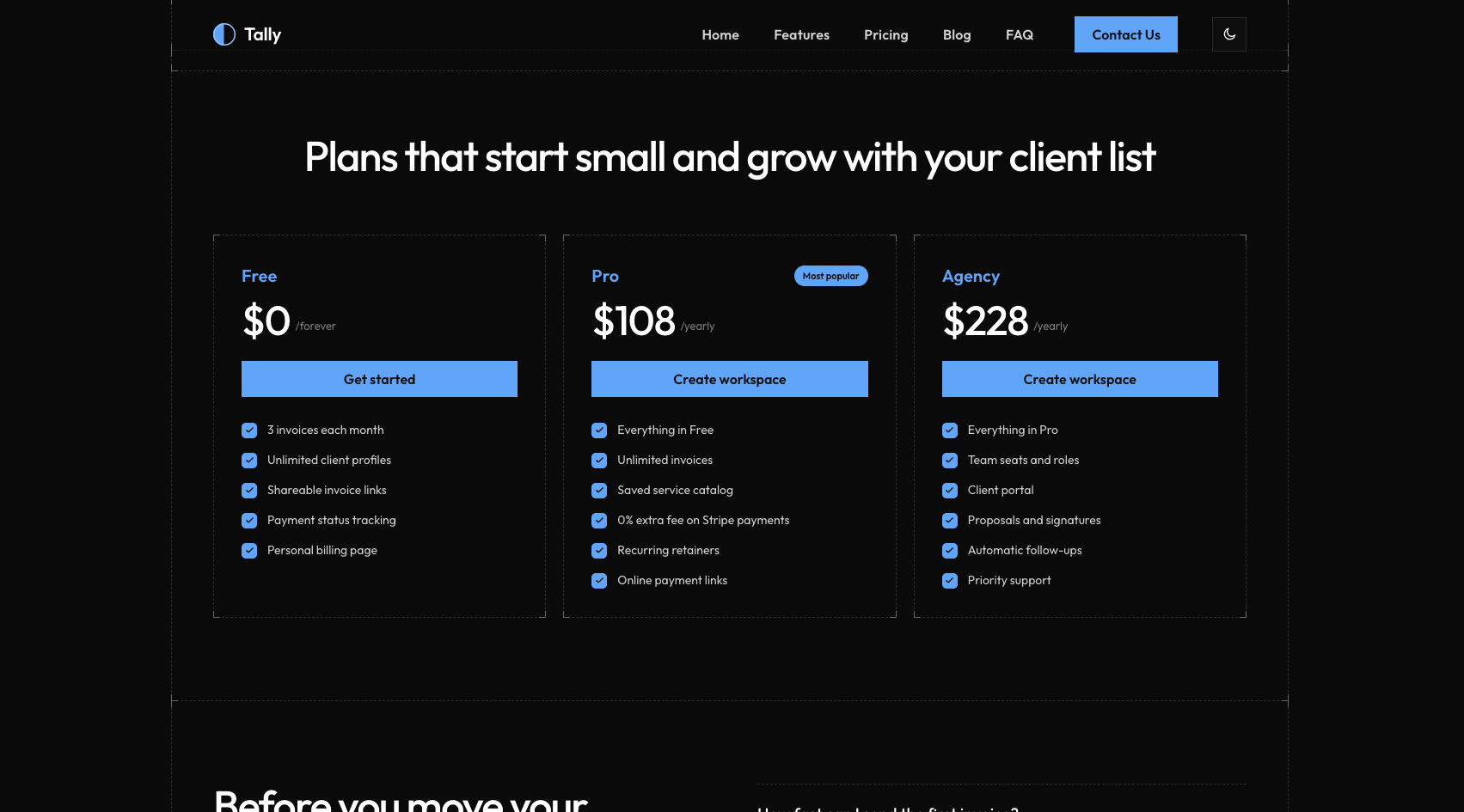 Tally - Pricing page with blue accent preview